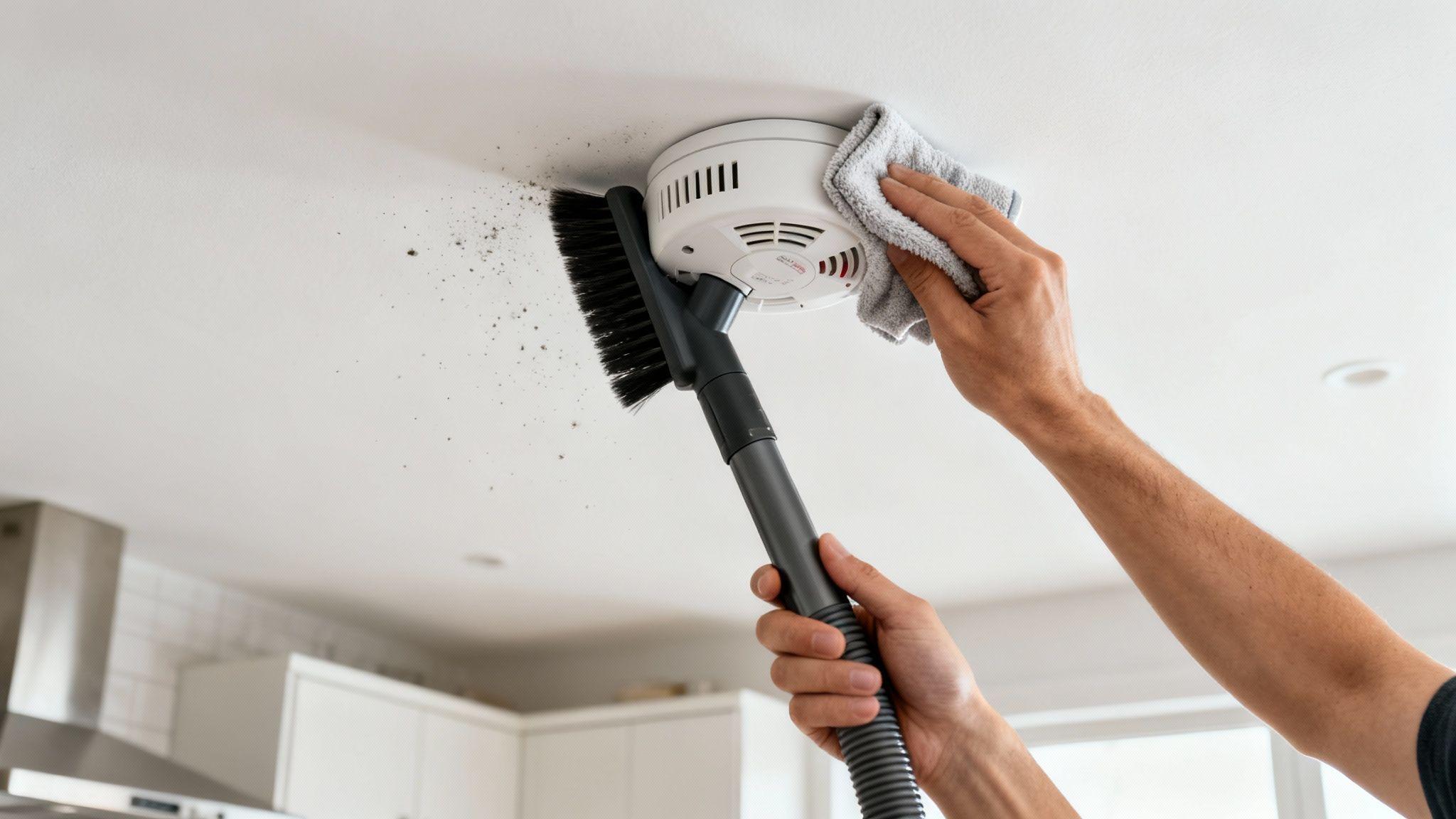 Homeowner or professional testing and maintaining a smoke alarm to ensure it works properly.